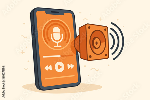Music streaming on phone concept. Mobile smartphone with podcast, audio, or audiobook app. Speaker popping out of screen with sound waves. Vector cartoon illustration.