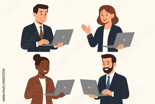 Businesspeople vector character set. Diverse group of office workers with laptops. Man and woman working, talking and smiling. Teamwork and communication concept illustration.