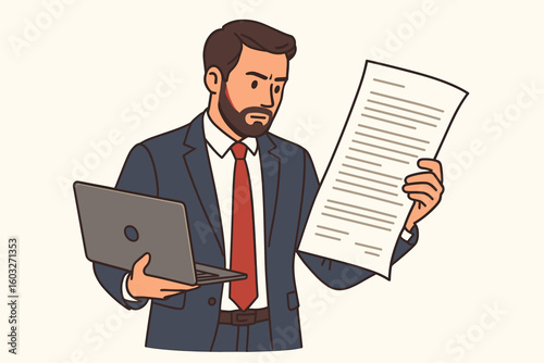 Businessman reading document. Lawyer reviewing contract. Manager with laptop. Professional checking report. Financial analysis, legal advice, proofreading, author concept.