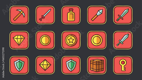 Set of Game Icons for Mobile and Desktop Games featuring Swords Coins Diamonds Shields and Treasures ready for RPG Adventures