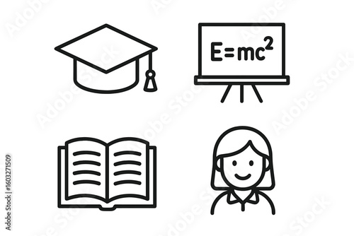 Education and science icon set. Vector line icons for learning, university, and school. Includes graduation cap, student, textbook, and physics formula. Editable outline.