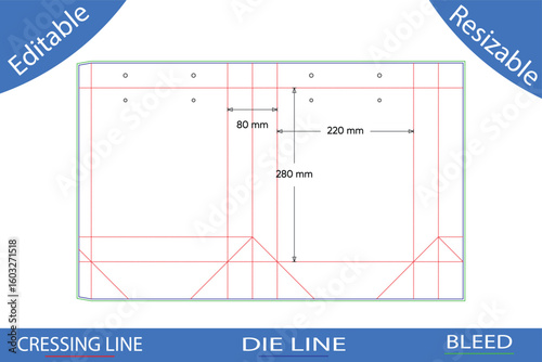 Paper bag template layout with measurements dieline
