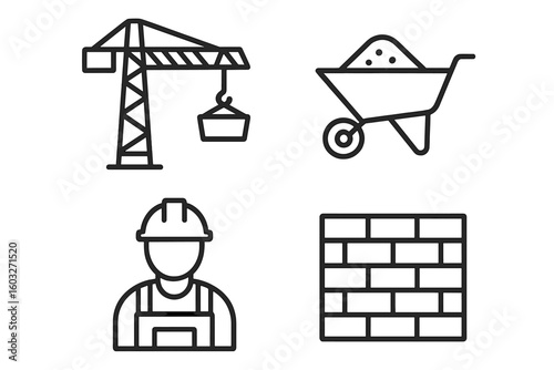 Construction site icon set. Building and architecture industry symbols. Vector linear graphics for web, apps. Includes crane, worker, wheelbarrow, brick wall. Engineering pictogram collection.