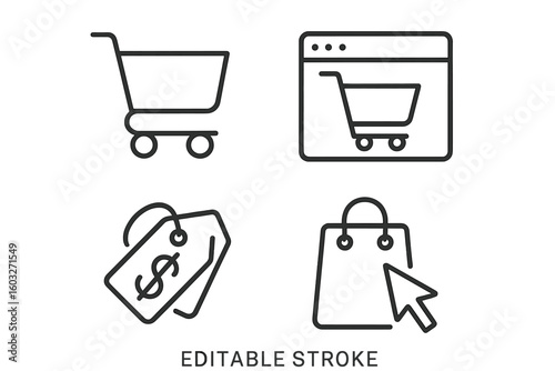 Online shopping and e-commerce vector icon set. Thin line style symbols for web, mobile app, UI UX design. Editable stroke icons of cart, buy button, price tag, online store.