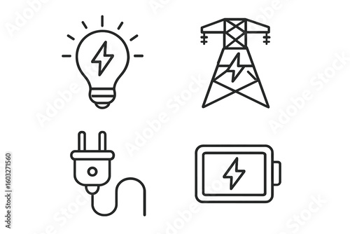Electricity and energy line icon set. Power and technology concepts. Vector collection of light bulb, transmission tower, electric plug, and battery charge symbol. Outline pictogram.