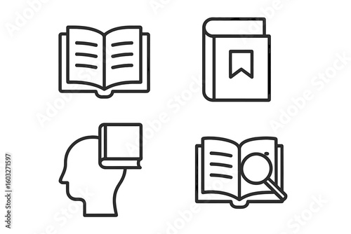 Book icon set for education and knowledge. Vector line pictograms for learning, reading, library, and research concepts. Editable stroke symbols for web and app design.