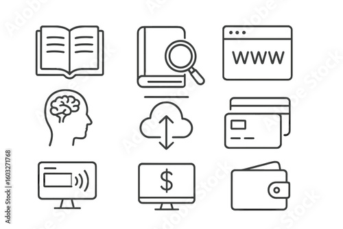 Set of 9 line icons. Knowledge, education, online learning. E-commerce, finance, online payment, credit card. Internet, cloud data, research. Thin line vector pictograms.