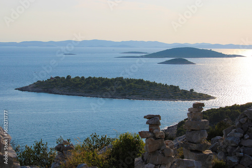 kornati islands skyline in blue ocean, viewpoint veli vrh, Murter, Croatia