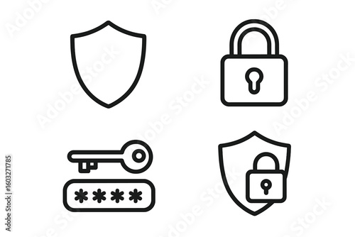 Security line icon set. Cyber protection, data safety, web privacy symbols. Shield, padlock, password, key, lock outline icons for app and web. Secure access concept.