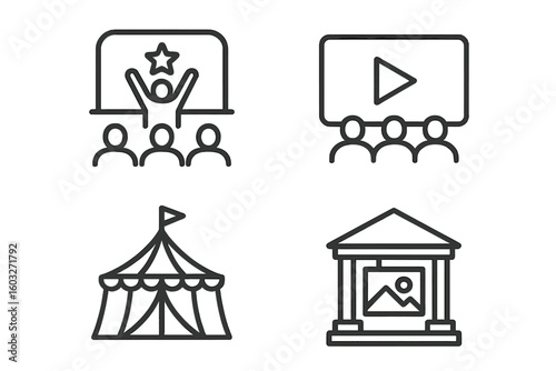 Entertainment and show line icon set. Performance, concert, and theater concept. Cinema movie screen, circus tent, and art gallery exhibition vector symbols. Outline signs.