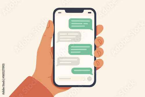 Hand holding smartphone with text messages. Chatting, online conversation concept. Mobile phone screen with messenger app interface. Digital communication via text. Flat vector.
