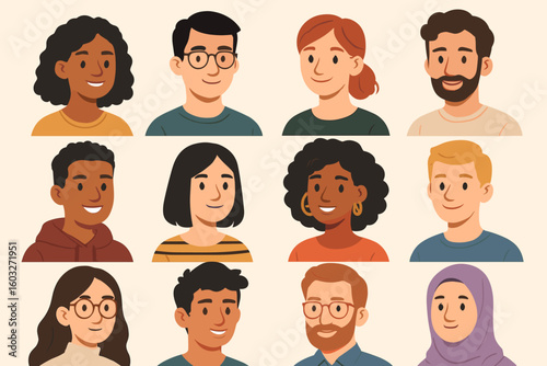 Diverse people faces vector collection. Multicultural user avatars. Profile picture set. Men, women headshots. Cartoon character illustrations. Team, community, society concept.