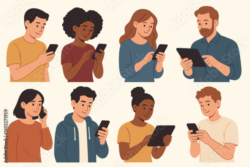 Diverse people using mobile devices. Set of multi-ethnic men and women characters with smartphones and tablets for communication, browsing, and social media. Vector cartoon.