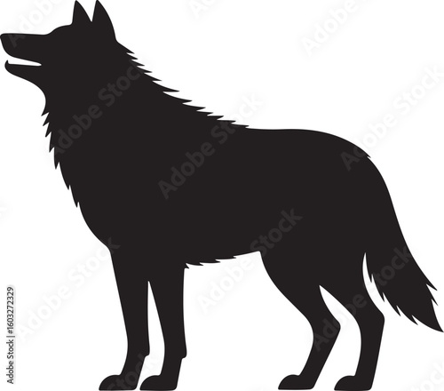 Silhouette of a majestic wolf standing alert with its mouth open and fur detailed against a white background