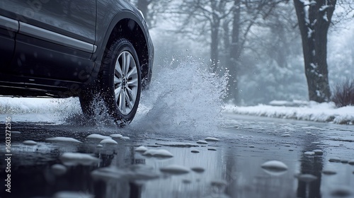 Snowy Road Splashing Tire.