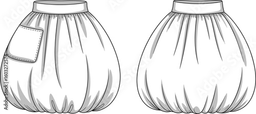 CAD drawing flat vector illustration, skirt with pocket design, gathered hem silhouette, fashion garment sketch, sewing pattern template, blueprint layout