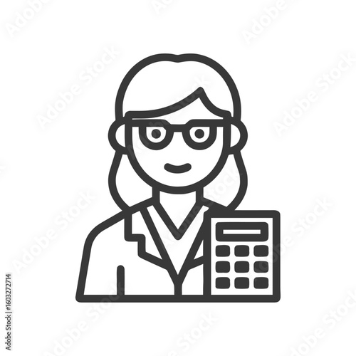 Smiling Woman with Glasses and Calculator, Professional Line Art Icon