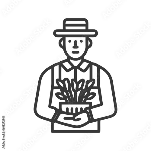 Bold line art icon of a gardener in a hat holding a potted plant.