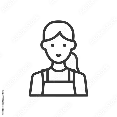 Monochrome Line Art Icon of a Female Worker in an Apron with a Ponytail