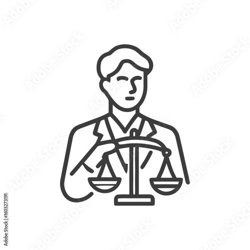 Modern Line Art of a Judge with Scales, Symbolizing Fairness and Law