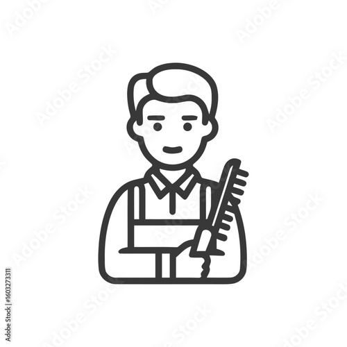 Monochrome Line Art Icon of a Worker with a Large Cleaning Brush