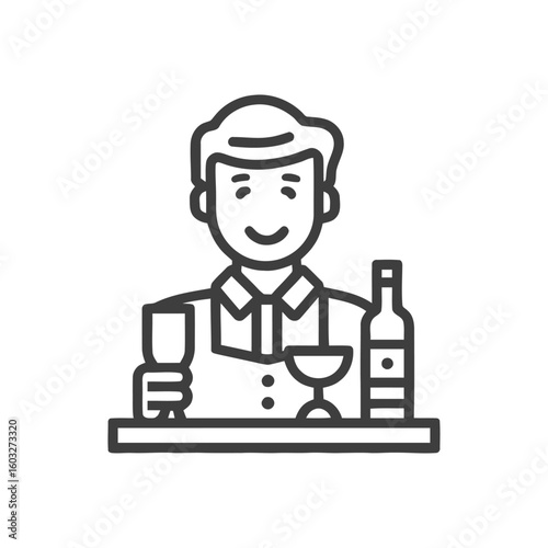 Welcoming Sommelier Behind Bar Counter, Minimalist Outline Icon