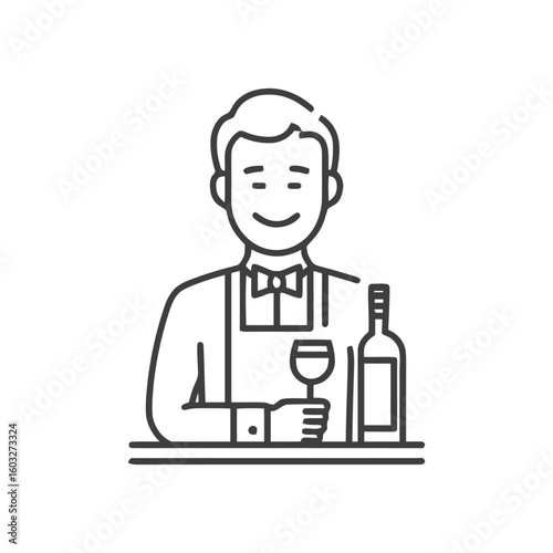 Friendly Sommelier with Wine Bottle and Glass, Minimalist Line Art Icon