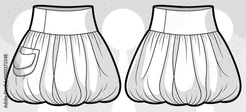 CAD drawing flat vector illustration, bubble skirt fashion template, pocket detail garment sketch, stylish silhouette design, sewing pattern, blueprint layout