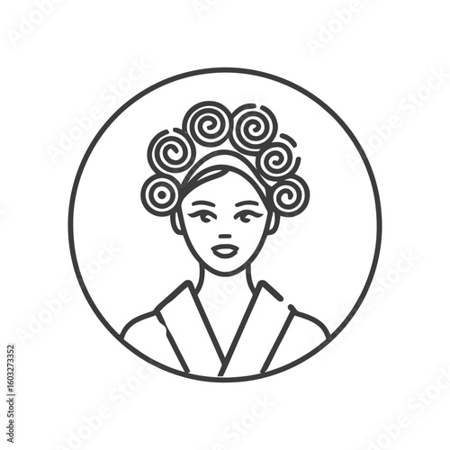Minimalist Line Art of a Woman with Spiral Curlers in a Circular Frame