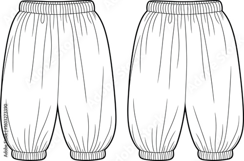 CAD drawing flat vector illustration, loose-fit pants with elastic waistband, cuff detail sketch, fashion template, garment blueprint, sewing pattern