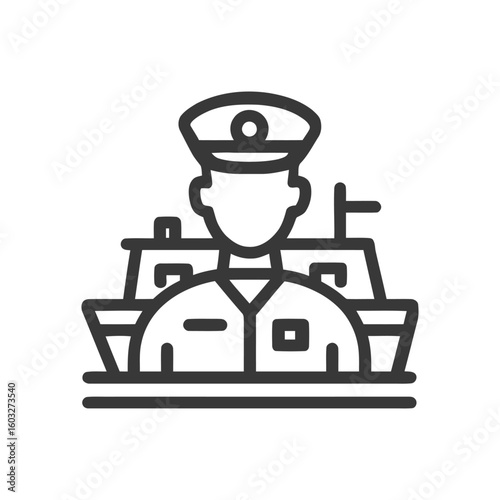 Monochrome Line Icon of a Maritime Captain with Ships, Professional Design