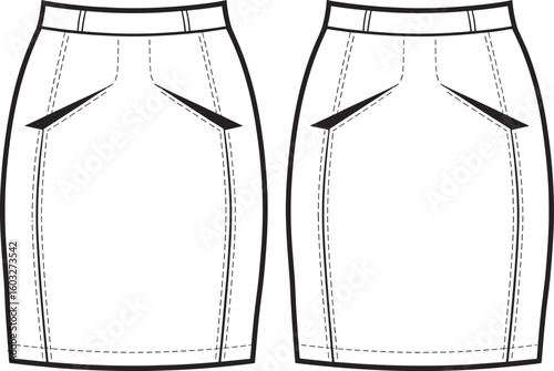 CAD drawing flat vector illustration, pencil skirt fashion template, front and back view design, technical garment sketch, sewing pattern layout
