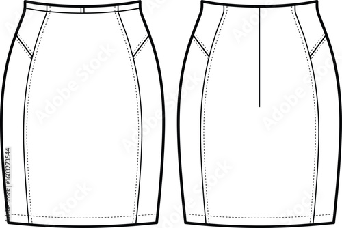 CAD drawing flat vector illustration, pencil skirt fashion design, front and back view, technical sketch template, garment pattern blueprint layout