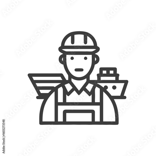 Harbor Worker in Hard Hat Flanked by Cargo Ships Line Art Icon
