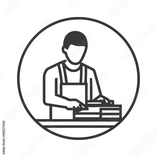 Worker in Apron at Assembly Table, Minimalist Circular Vector Icon