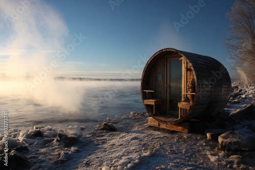 Barrel sauna by frozen lake with steam rising