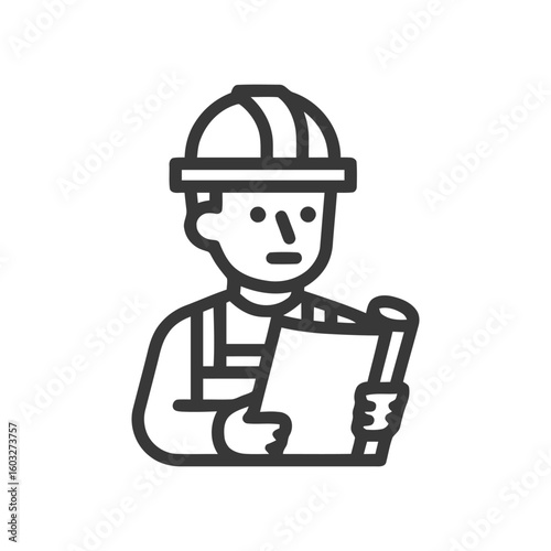 Bold Line Icon of a Construction Foreman Inspecting a Blueprint