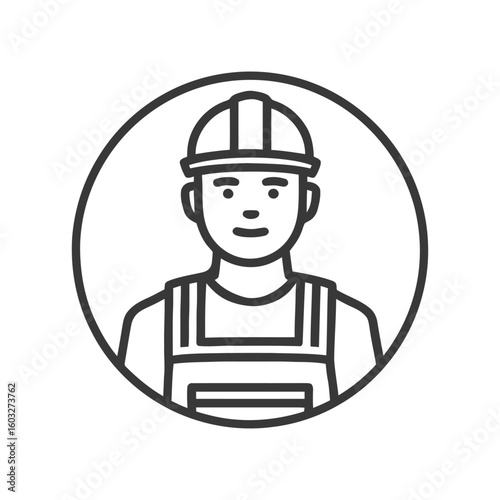 Clean Line Art Icon of a Friendly Construction Worker in a Hard Hat, a Circular Profile Avatar.