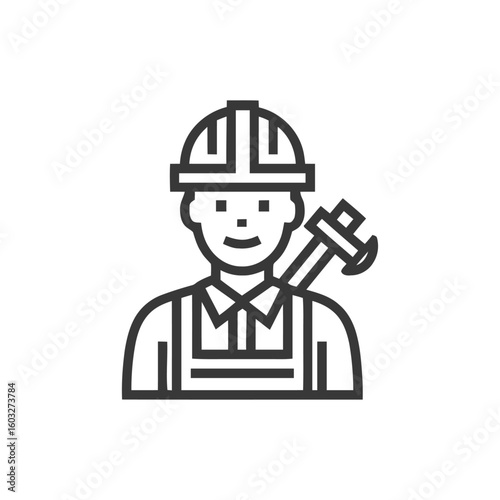 Minimalist Line Icon of a Smiling Builder with Hard Hat and Wrench