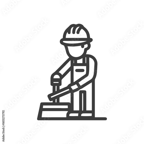 Monochrome Vector Icon of a Builder Operating a Manual Cutting Tool