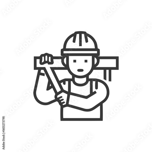 Bold line icon of a construction worker in a hard hat carrying a heavy beam on his shoulder.