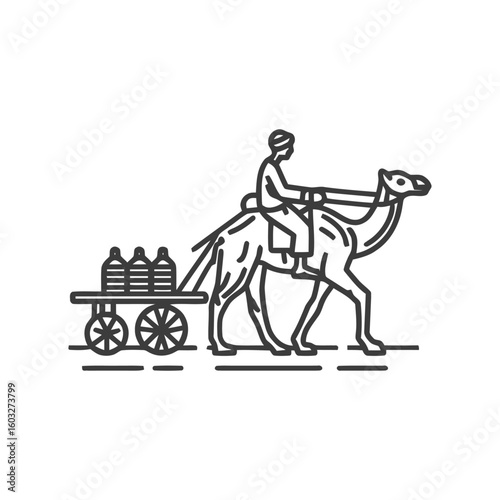 Minimalist Line Icon of a Camel Rider Transporting Goods by Cart