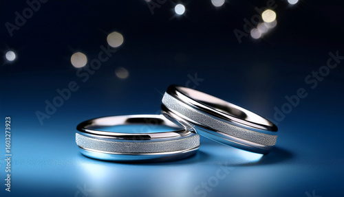 Elegant silver wedding rings on a reflective blue surface with glowing lights in the background, symbolizing love, unity, and commitment.