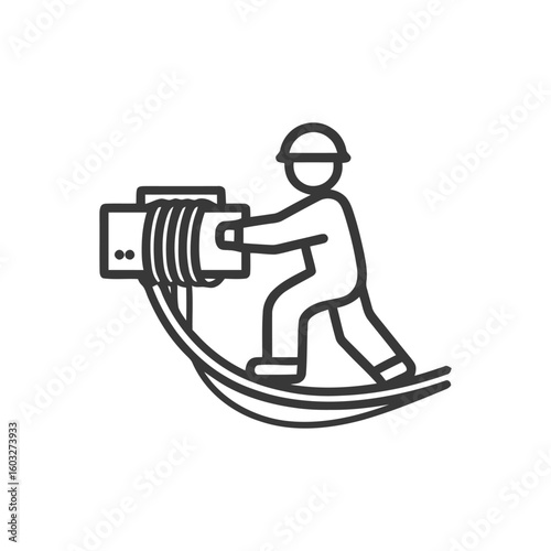 Dynamic Line Icon: Industrial Worker Operating Cable Winding Machine with Hard Hat
