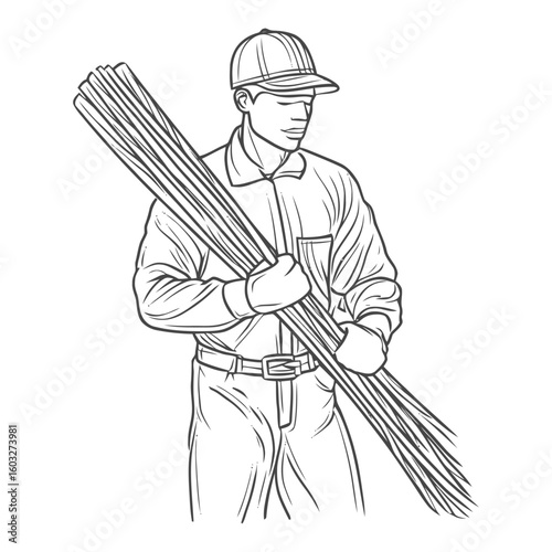 Strong Worker in Cap and Gloves Carrying a Bundle of Steel Rods, Line Art