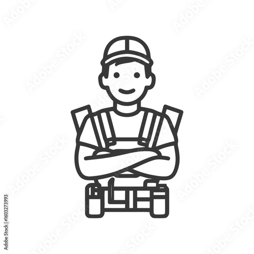 Confident Smiling Worker with Crossed Arms and Tool Belt Line Art Icon