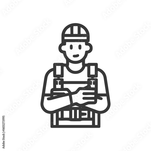 Confident Construction Worker in Hard Hat and Harness, Minimalist Line Art Icon