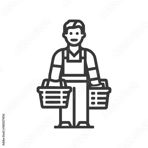 Friendly Shopper with Two Baskets, Symmetrical Line Art Icon