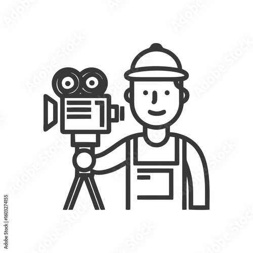 Smiling Filmmaker with Vintage Movie Camera on Tripod - Minimalist Line Art Icon