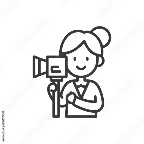 Smiling Camerawoman with Hair Bun Holding Video Camera, Minimalist Line Icon